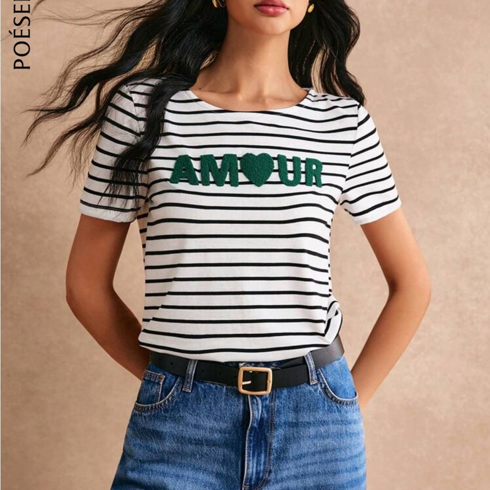 SHEIN Black and White Striped Tee with Green 'Amour'